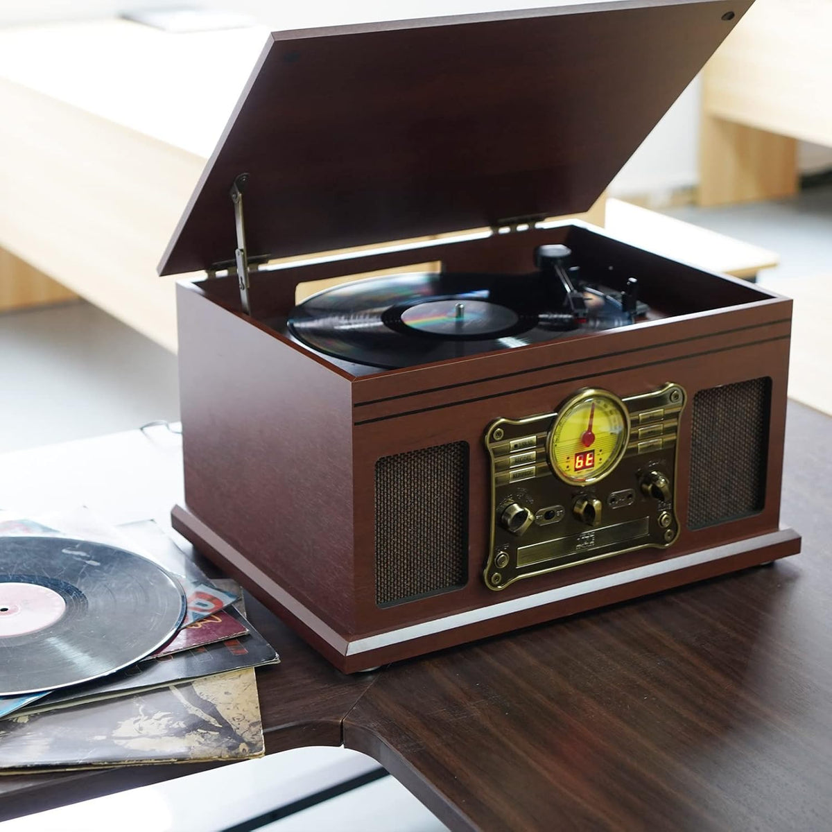 Mahogany Bluetooth Record Player Turntable with Speakers I91111