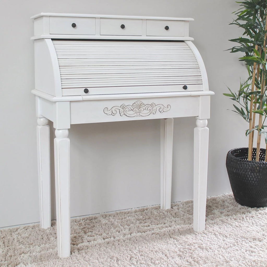 Antique White Hand-Carved 3-Drawer Roll Top Desk G418