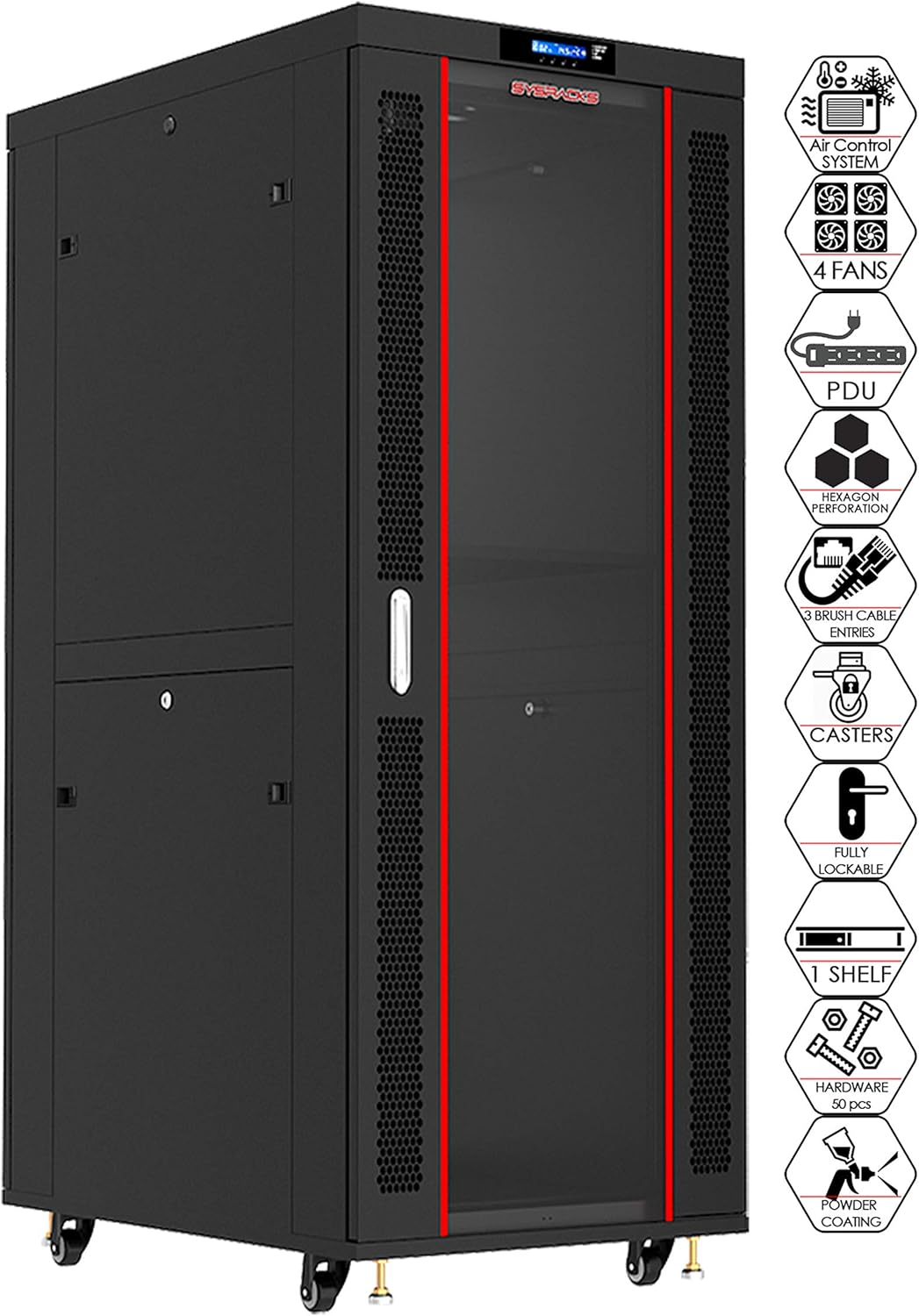 42U Locking Server Rack Cabinet Enclosure on Wheels with Shelf and Cooling Fan O8557