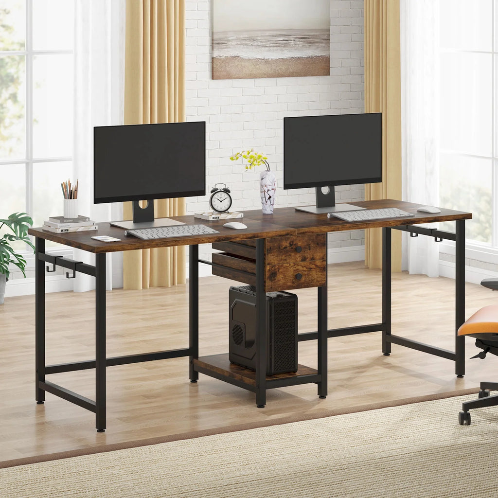 78 Inch Double Working Desk with 2 Drawers and Shelf Q581