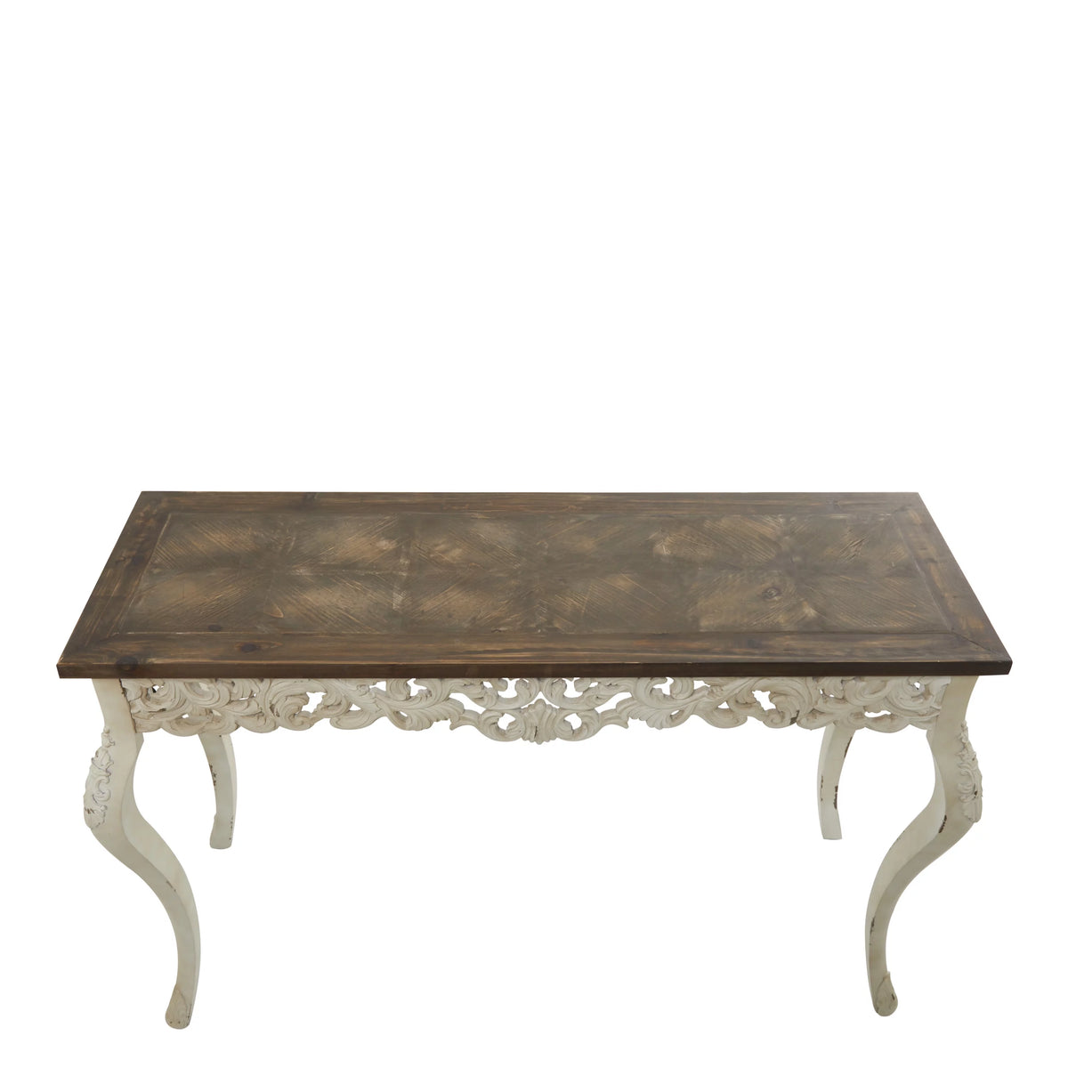 46" x 30" White Wood Carved Console Table with Brown Wood Top T905284