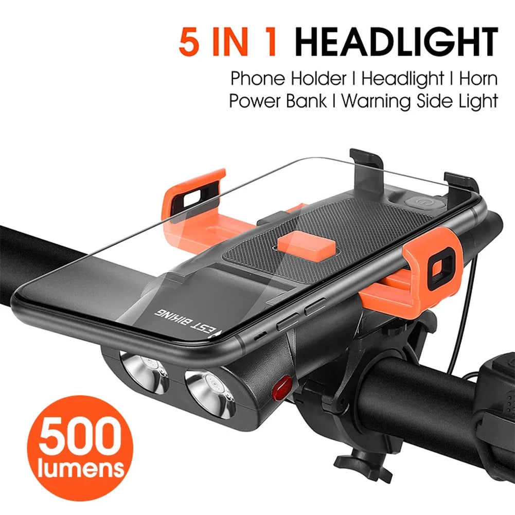 5in1 Bike Front Bracket Lamp Horn Mobilephone Holder Warning Bell Powerbanks USB Rechargeable Cycling Accessories N922