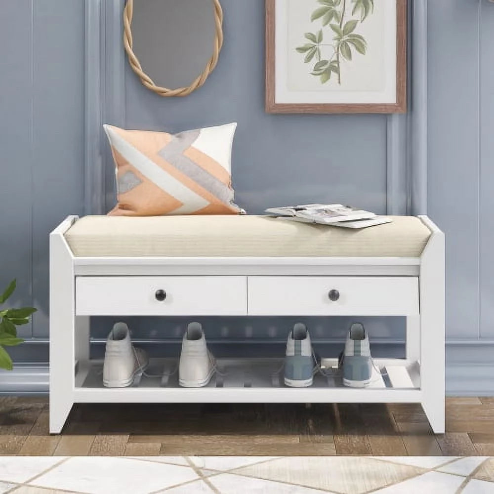 White Shoe Rack with Cushioned Seat and Drawers D99367