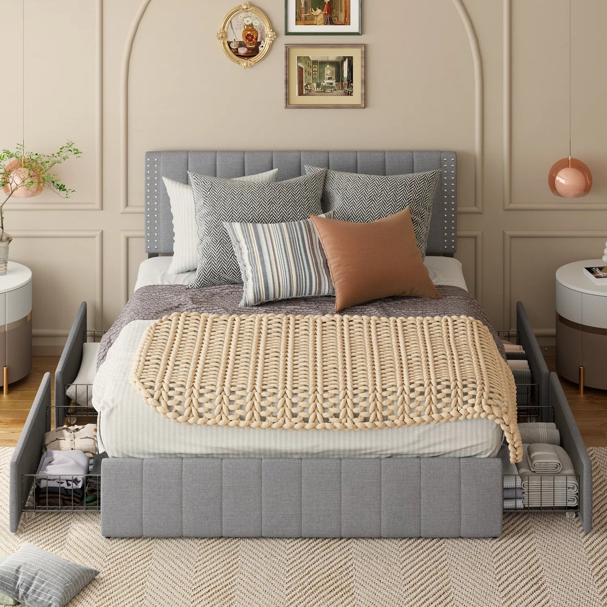 Queen Bed Frame with Adjustable Headboard and 4 Storage Drawers J4436