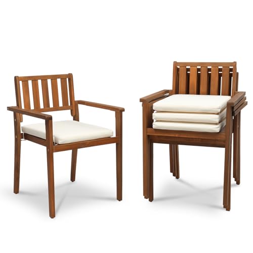 Acacia Wood Stackable Patio Dining Chairs Set of 4 with Cushions D7334