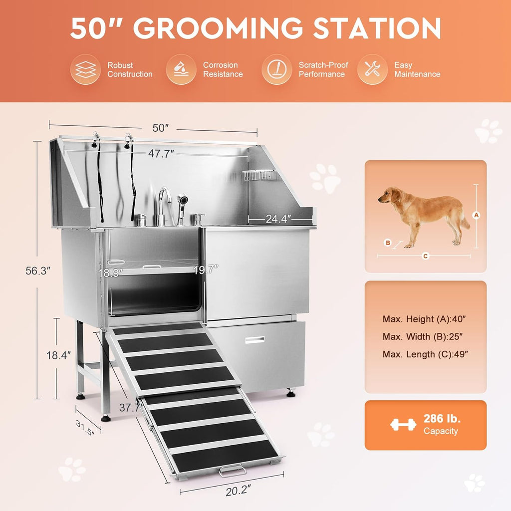 50 in. Stainless Steel Dog Grooming Tub with Ramp Q200685