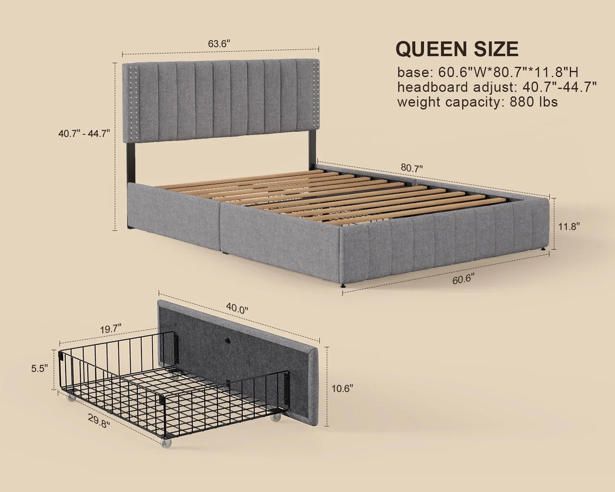 Queen Bed Frame with Adjustable Headboard and 4 Storage Drawers J4436