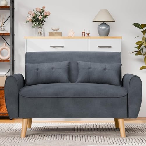 Dark Grey Linen Loveseat Sofa with 2 Pillows F8886