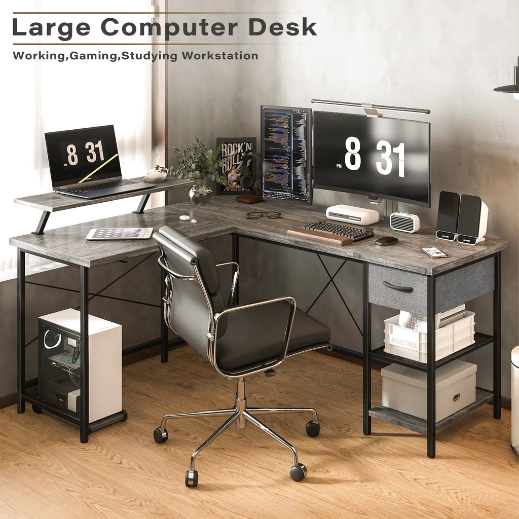 L Shaped Grey Computer Desk with Monitor Stand W4975
