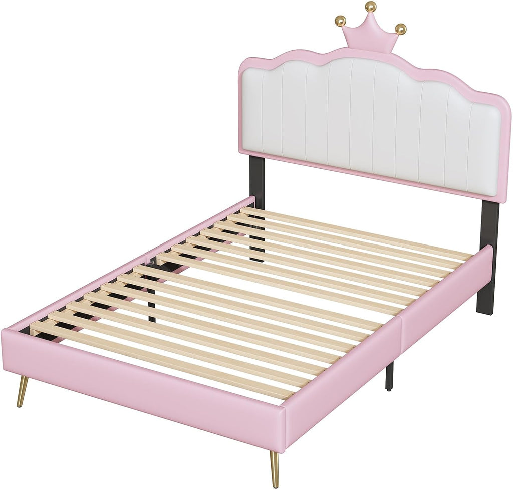 White and Pink Twin Upholstered Platform Bed with Light Strips and Golden Metal Legs U24376