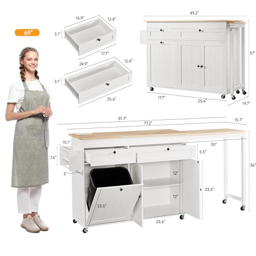 White Mobile Kitchen Island with Extendable Dining Table T317