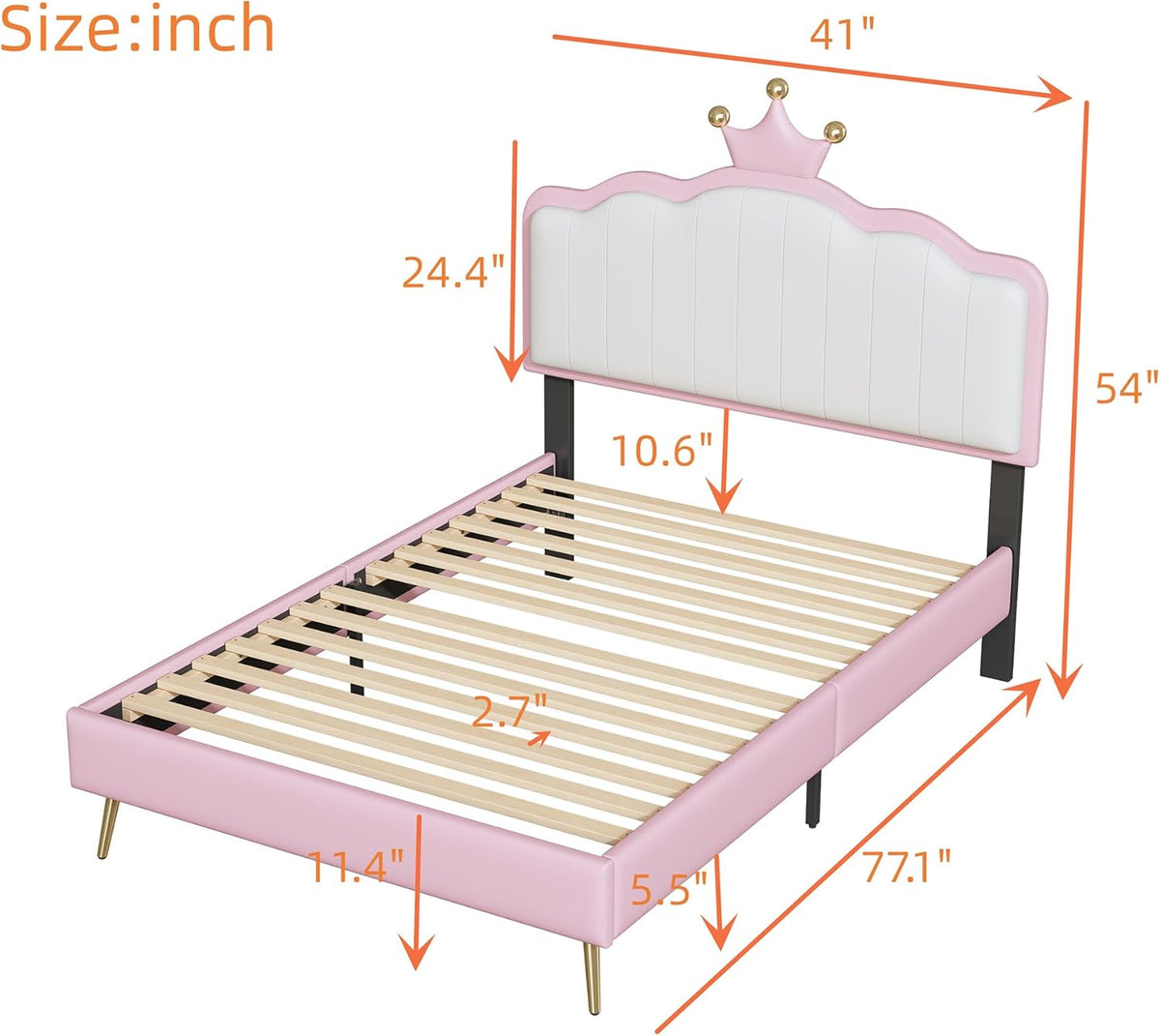 White and Pink Twin Upholstered Platform Bed with Light Strips and Golden Metal Legs U24376