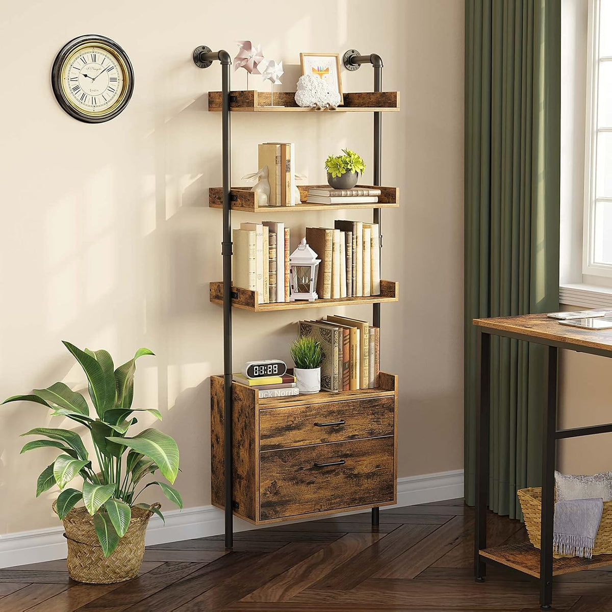 Industrial 4-Tier Bookshelf with 2 Wood Drawers D1667