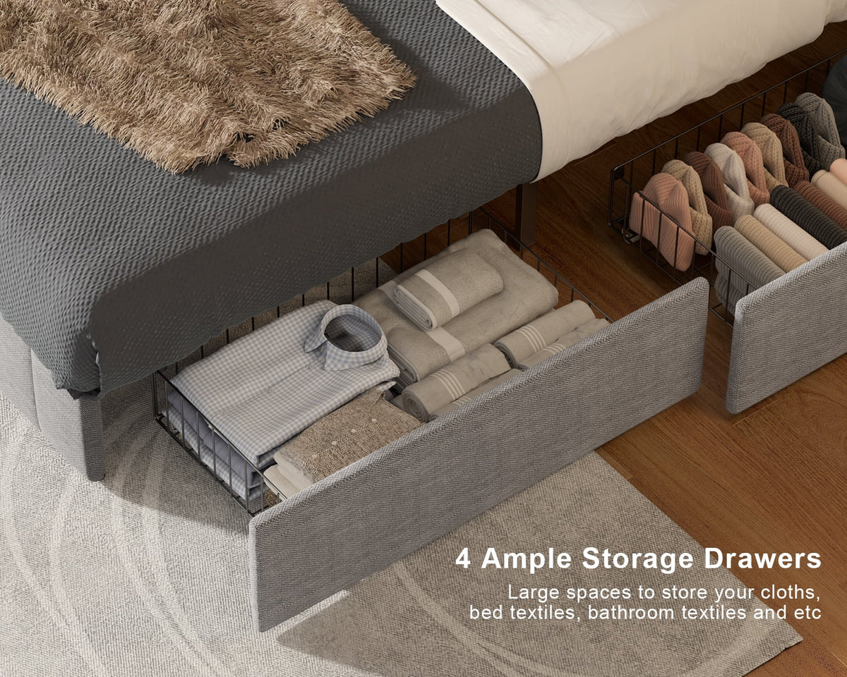 Queen Bed Frame with Adjustable Headboard and 4 Storage Drawers J4436