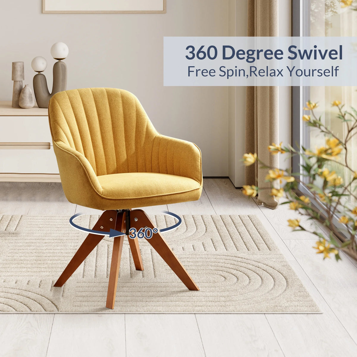 Mid Century Modern Swivel Accent Chair Linen Upholstered with Beech Wood Legs T2379