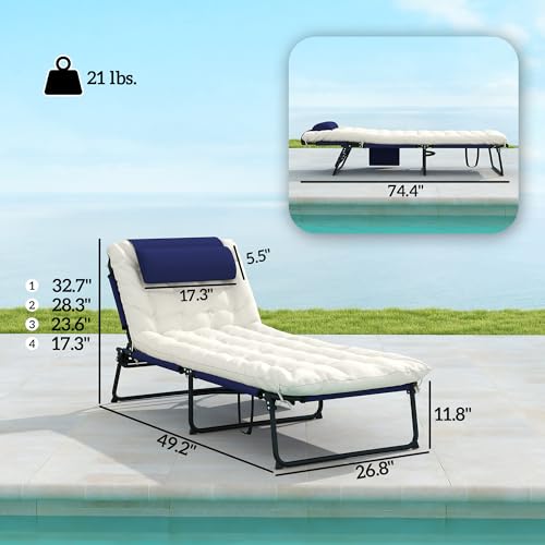 Folding Chaise Lounge with 4-Level Reclining Back, Cushion, Mesh Fabric, Side Pocket, Headrest, Gray P868