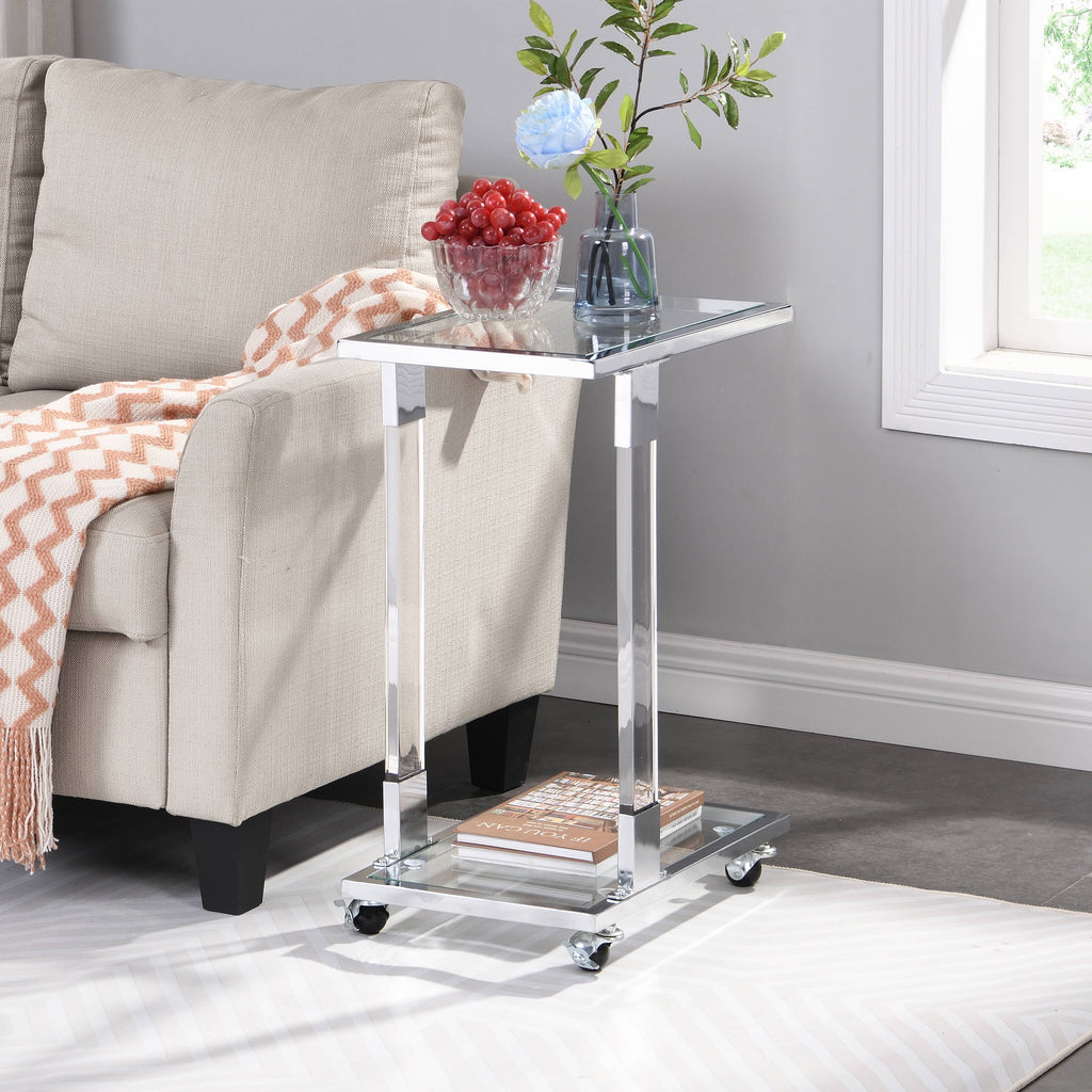 Chrome Glass C Shape Square Side Table with Metal Base I45891