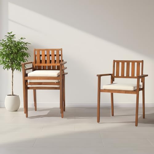 Acacia Wood Stackable Patio Dining Chairs Set of 4 with Cushions D7334
