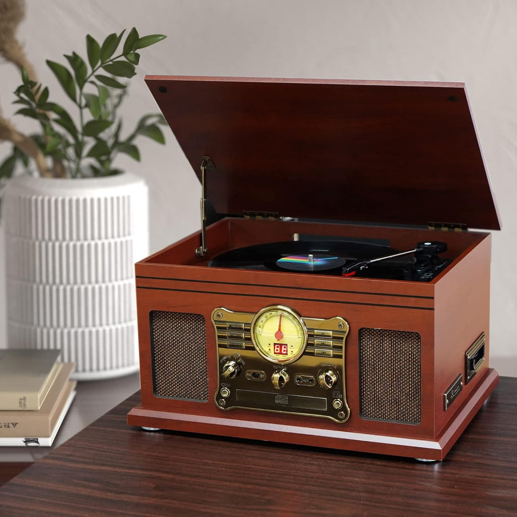 Mahogany Bluetooth Record Player Turntable with Speakers I91111