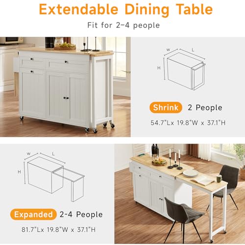White Mobile Kitchen Island with Extendable Dining Table T317
