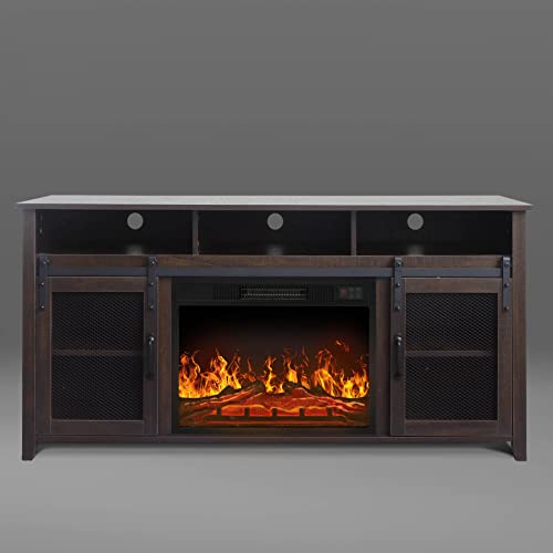 White Oak Fireplace TV Stand with Open Storage Shelves and Cabinets D34799