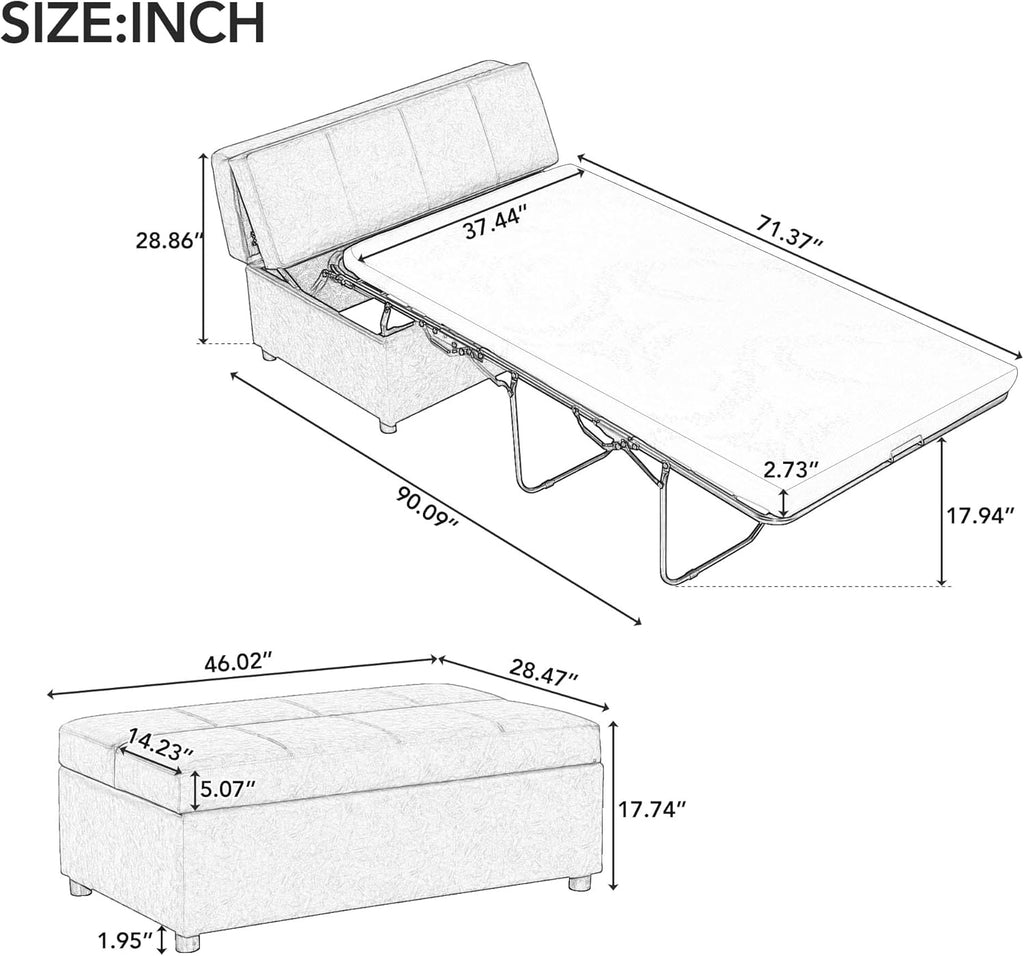 Twin Size Folding Ottoman Sleeper Bed with Mattress Convertible Guest Bed Light Gray Couch Sofa E324980