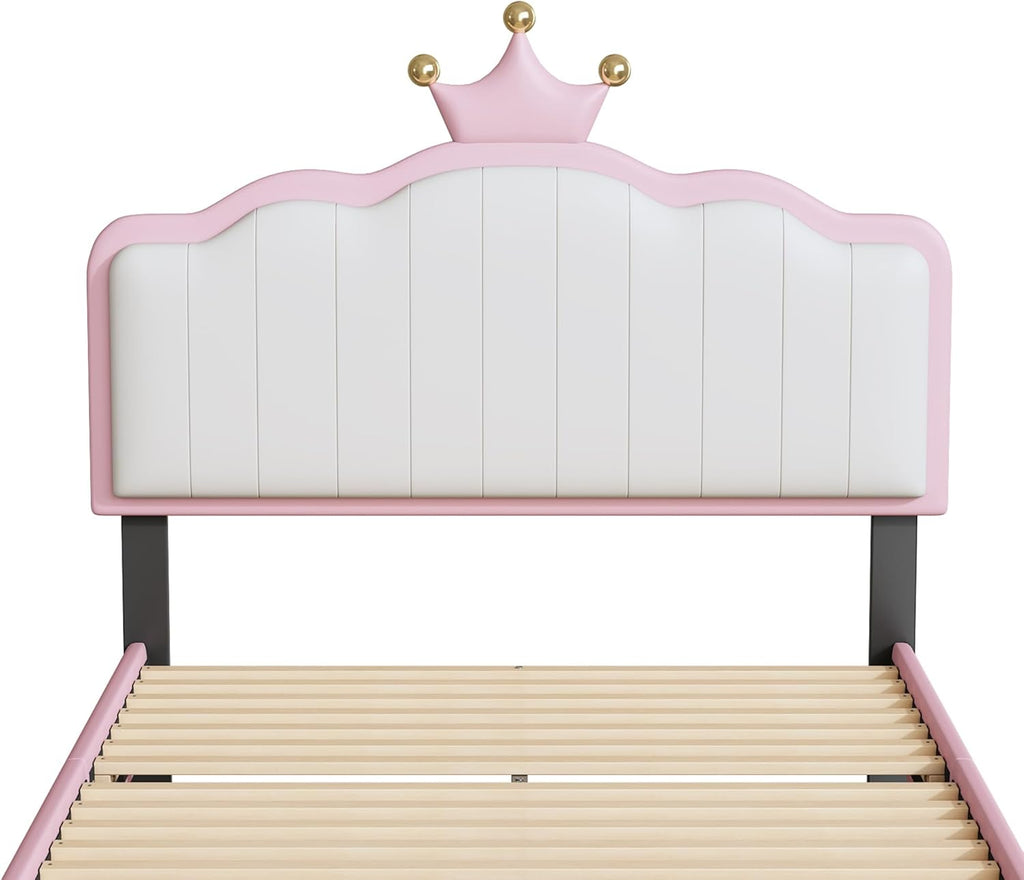 White and Pink Twin Upholstered Platform Bed with Light Strips and Golden Metal Legs U24376