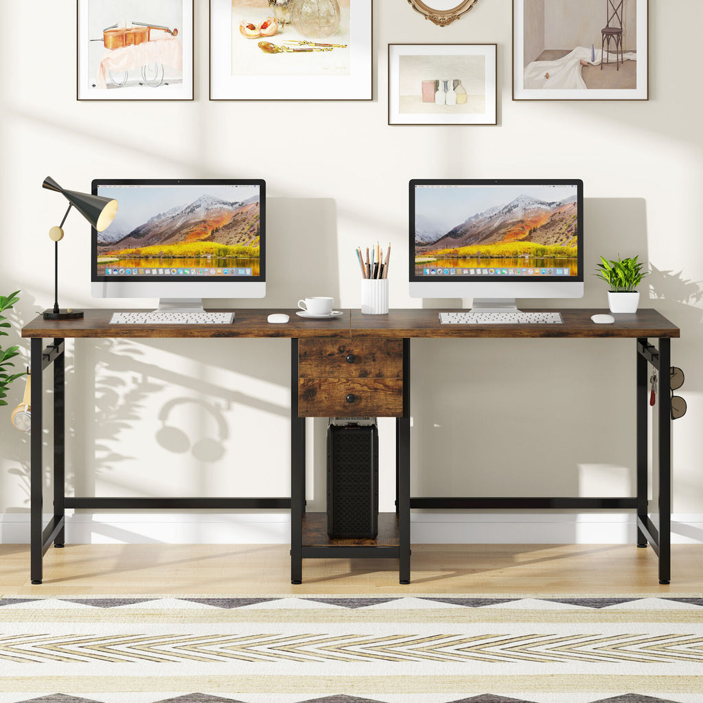 78 Inch Double Working Desk with 2 Drawers and Shelf Q581