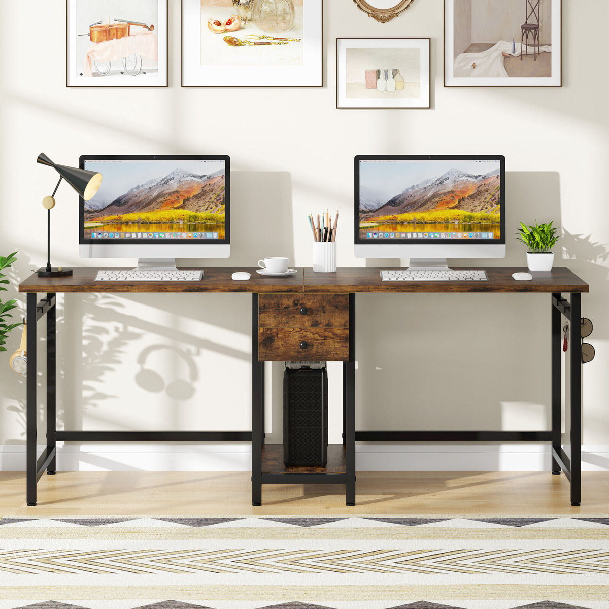 78 Inch Double Working Desk with 2 Drawers and Shelf Q581