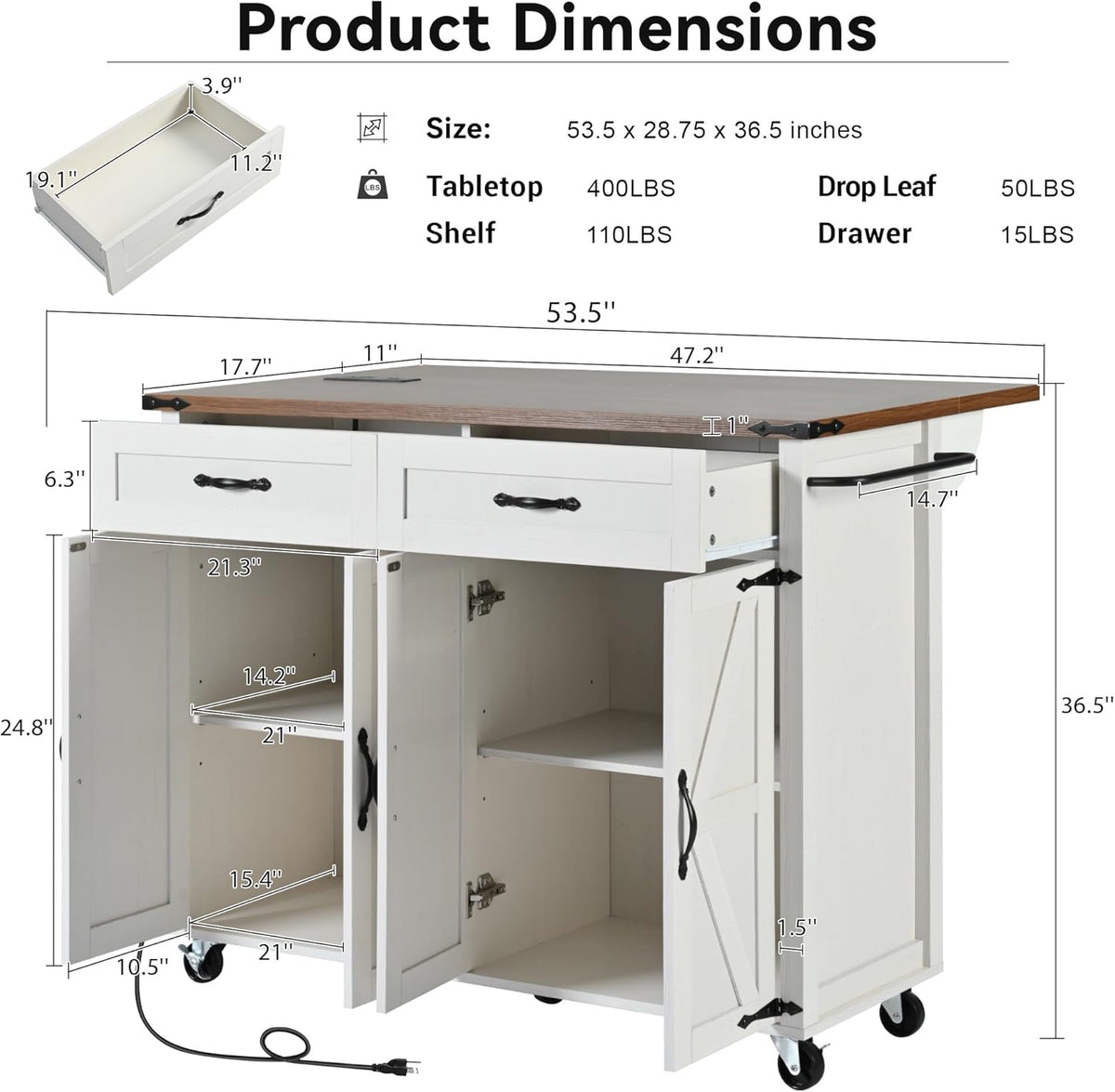 White Kitchen Island with Power Outlet and Drop Leaf V651371