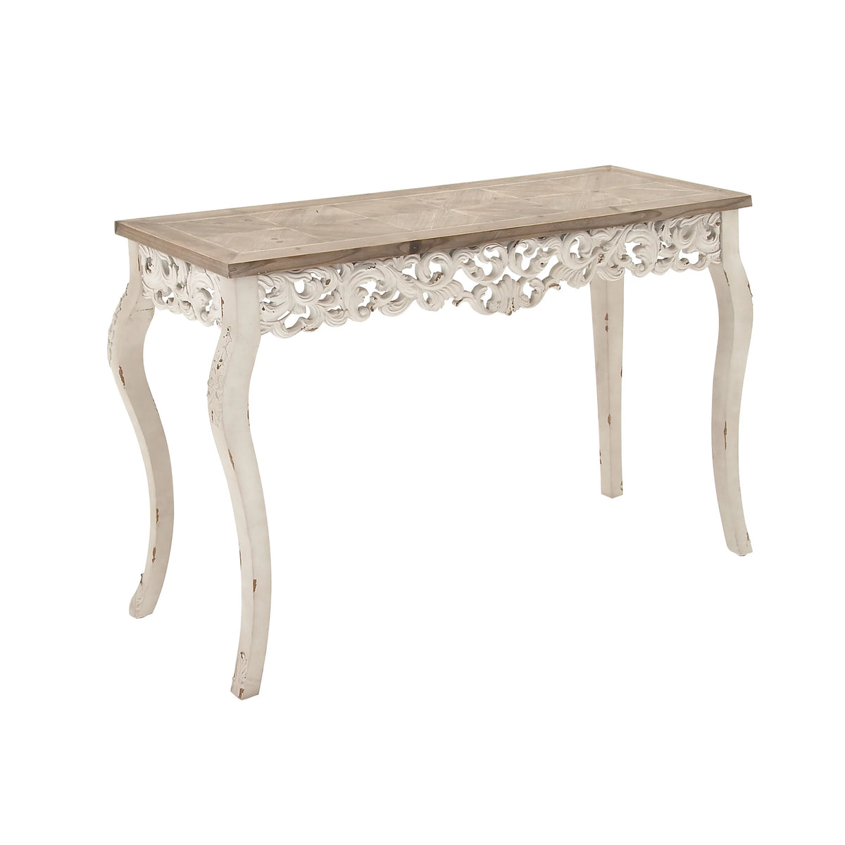 46" x 30" White Wood Carved Console Table with Brown Wood Top T905284