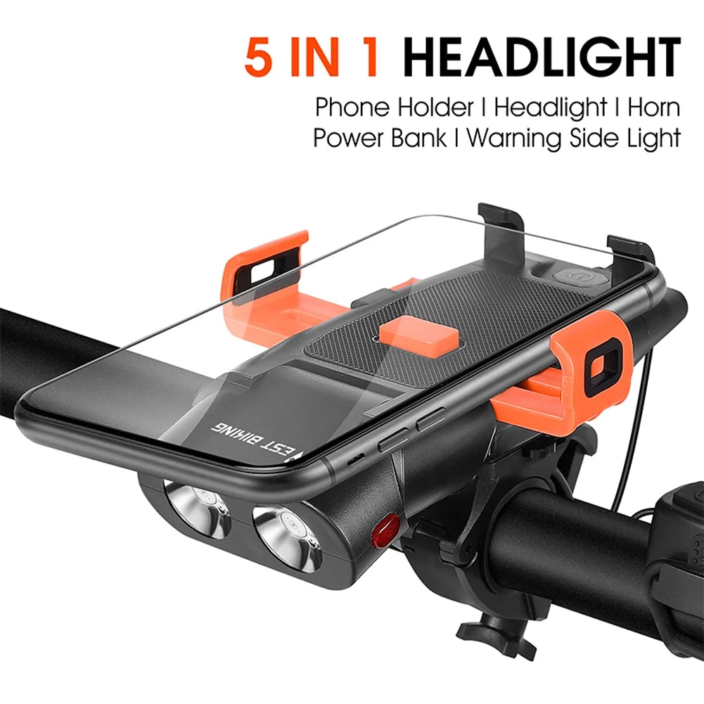 5in1 Bike Front Bracket Lamp Horn Mobilephone Holder Warning Bell Powerbanks USB Rechargeable Cycling Accessories N922