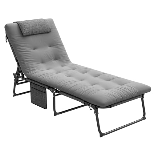 Folding Chaise Lounge with 4-Level Reclining Back, Cushion, Mesh Fabric, Side Pocket, Headrest, Gray P868