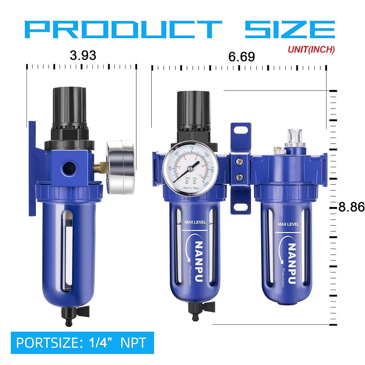 Compressed Air Filter Regulator Lubricator, Zinc Alloy, 5 Micron Brass Element, 0-150 psi Gauge Z977721