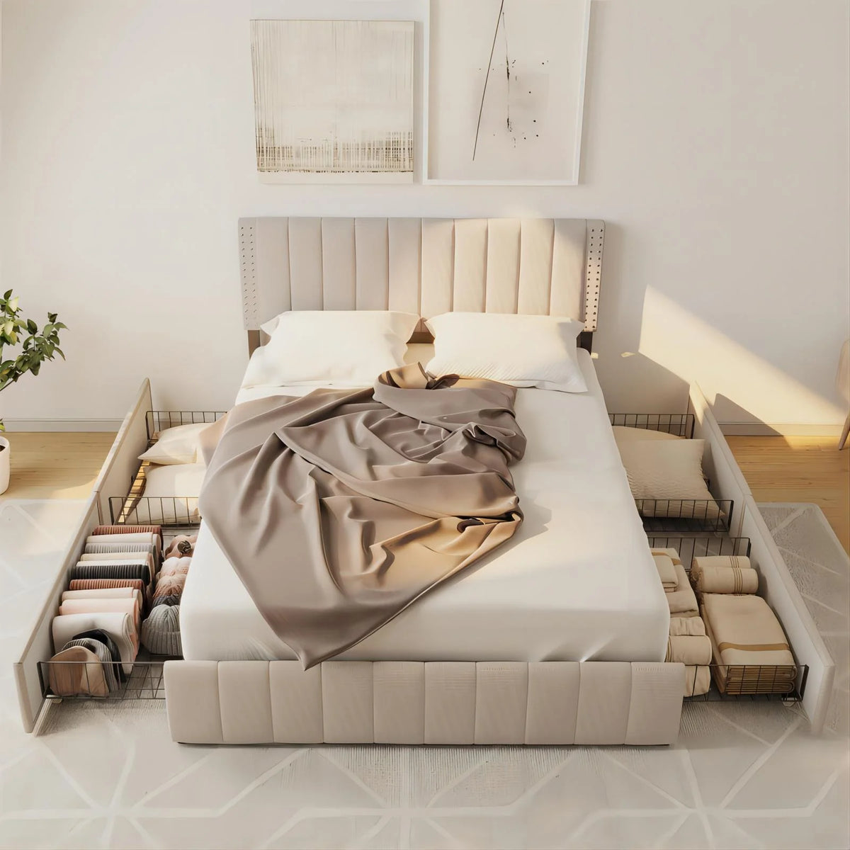 Queen Bed Frame with Adjustable Headboard and 4 Storage Drawers J4436