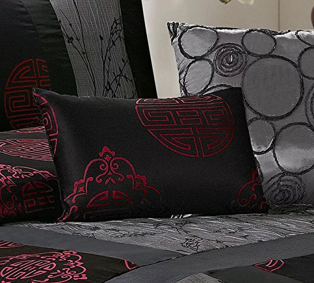 7 Piece Queen Gray/Red Jacquard Comforter Set D845625