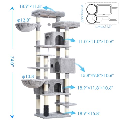 Light Gray 74 inches Multi-Level XL Cat Tree with Three Cat Condos and Two Top Decks G81476