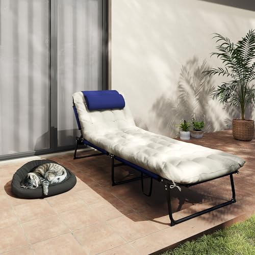 Folding Chaise Lounge with 4-Level Reclining Back, Cushion, Mesh Fabric, Side Pocket, Headrest, Gray P868