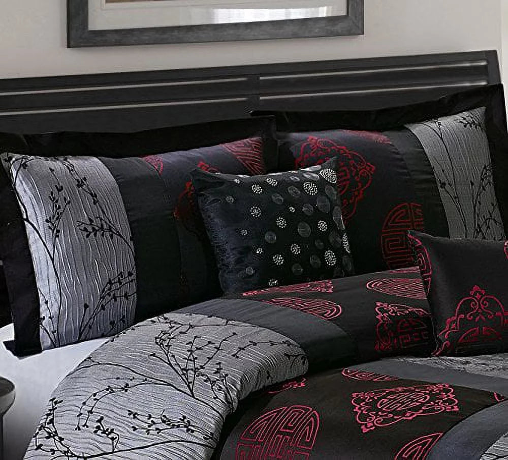 7 Piece Queen Gray/Red Jacquard Comforter Set D845625