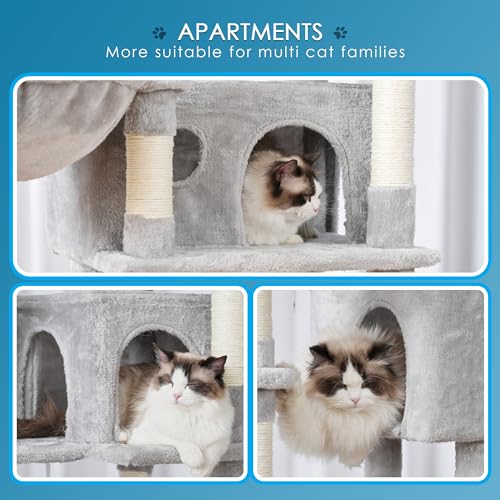 Light Gray 74 inches Multi-Level XL Cat Tree with Three Cat Condos and Two Top Decks G81476