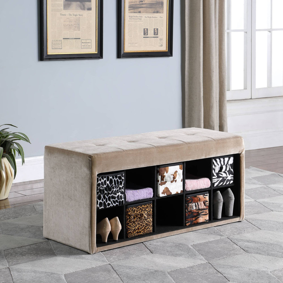 Light Brown Velour Tufted Storage Bench W985
