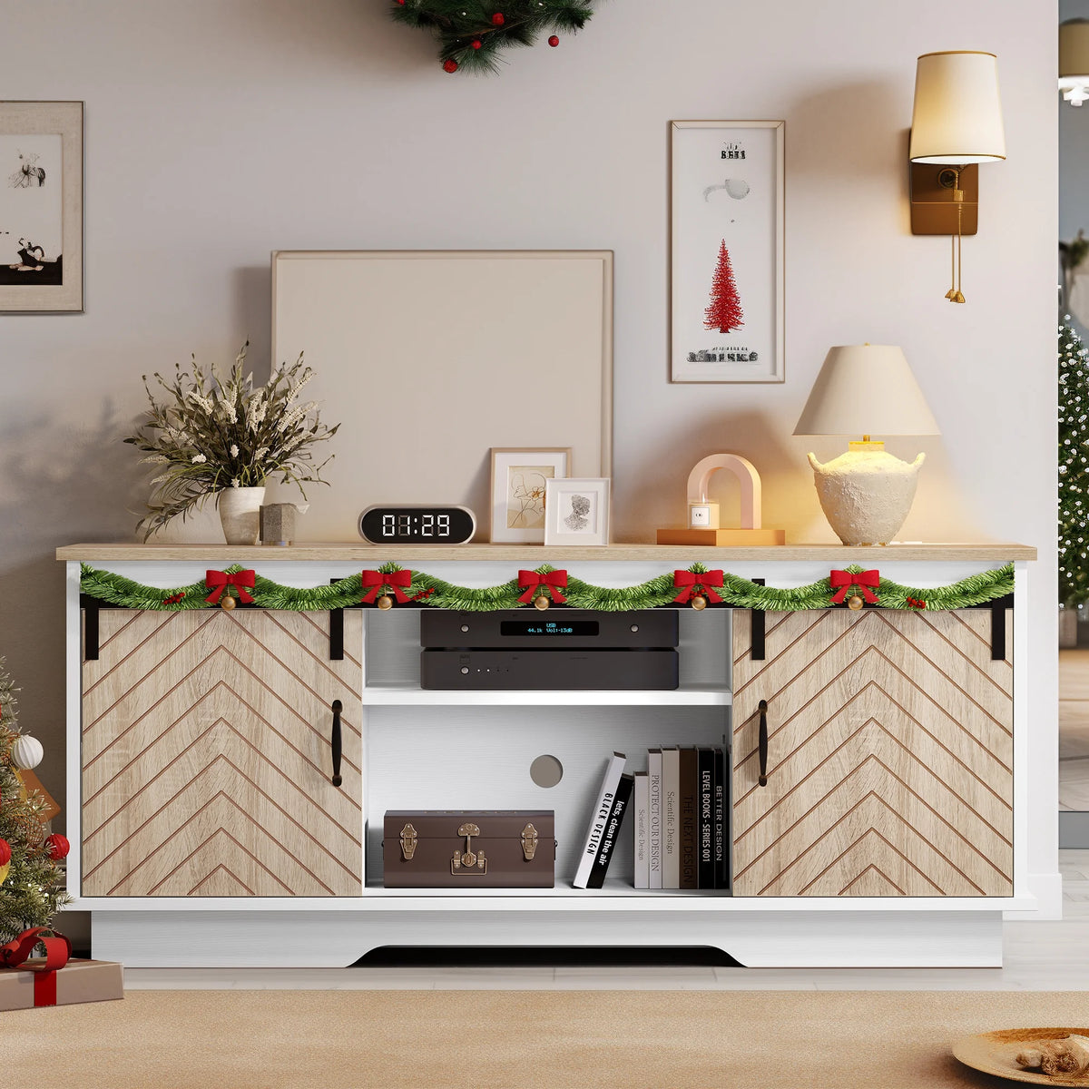 Oak Wood TV Stand with Outlets and USB Ports Y808341