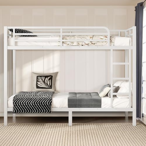 Twin XL Over Twin XL Black Metal Bunk Bed Frame with Ladder & Guardrail Z347