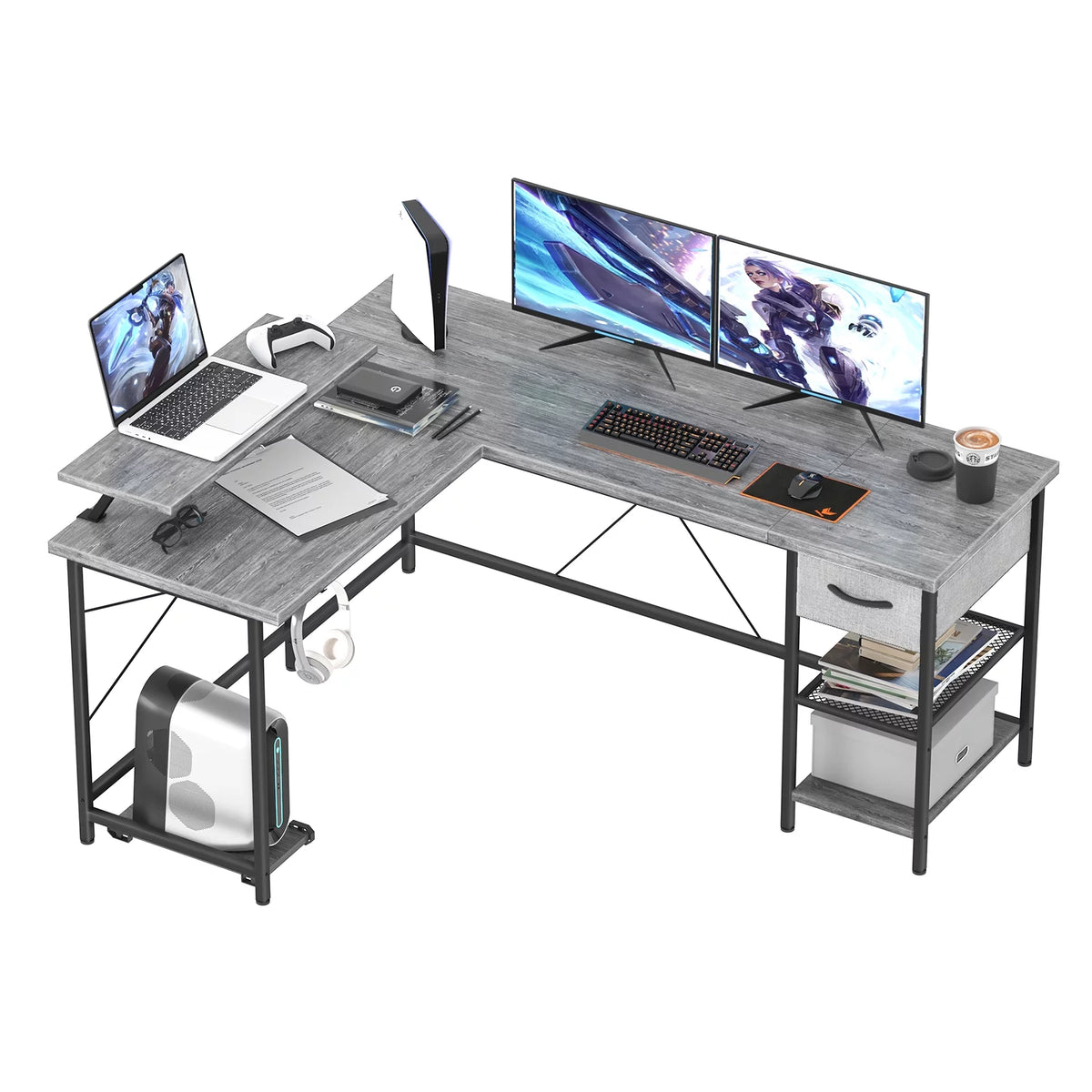 L Shaped Grey Computer Desk with Monitor Stand W4975