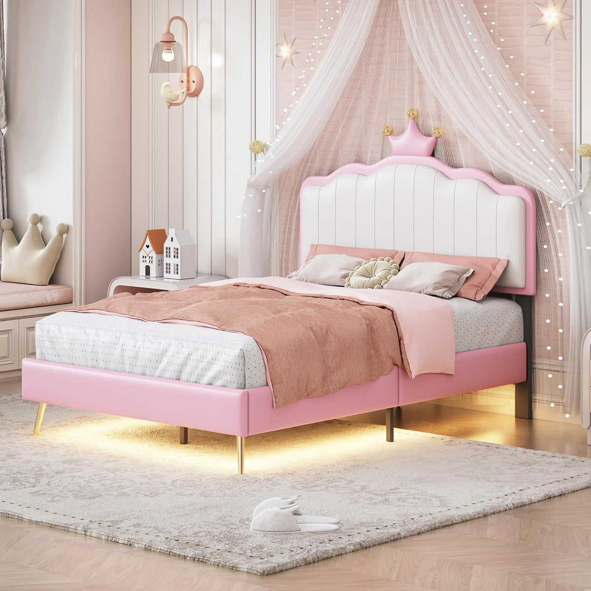 White and Pink Twin Upholstered Platform Bed with Light Strips and Golden Metal Legs U24376