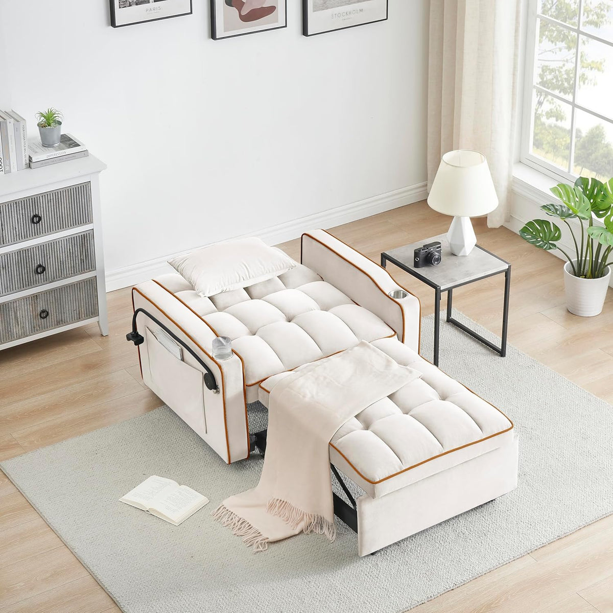 Twin Size Pull Out Sofa Bed Chair, Velvet Convertible Sleeper Chair Bed T667