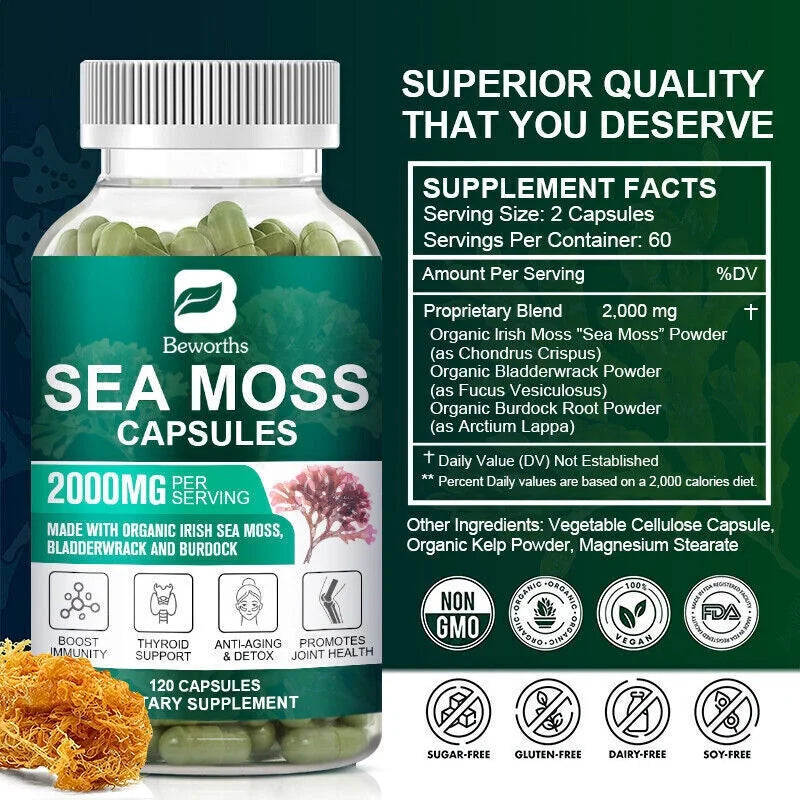Organic Sea Moss Capsules 2000 mg 120 Pills F968902