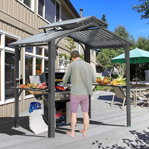 Brown Hardtop Grill Gazebo with 2 Side Shelves J415