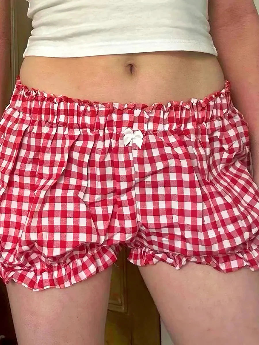 Retro Red Checked Ribbon Bubble Shorts D95957