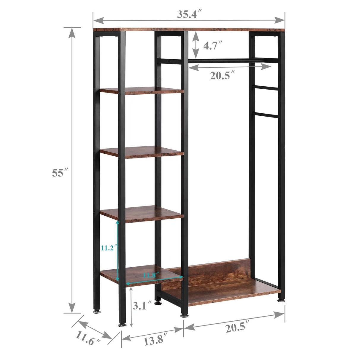 Brown Metal Clothes Rack with Wood Storage Shelves T3944